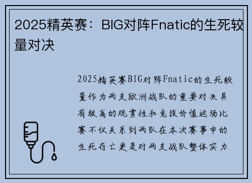 2025精英赛：BIG对阵Fnatic的生死较量对决